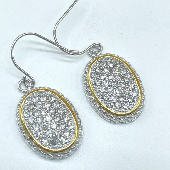 Emma Skye Silver Tone Pave Crystal Drop Earrings Gold Tone Accent Oval Shape - Picture 1 of 9